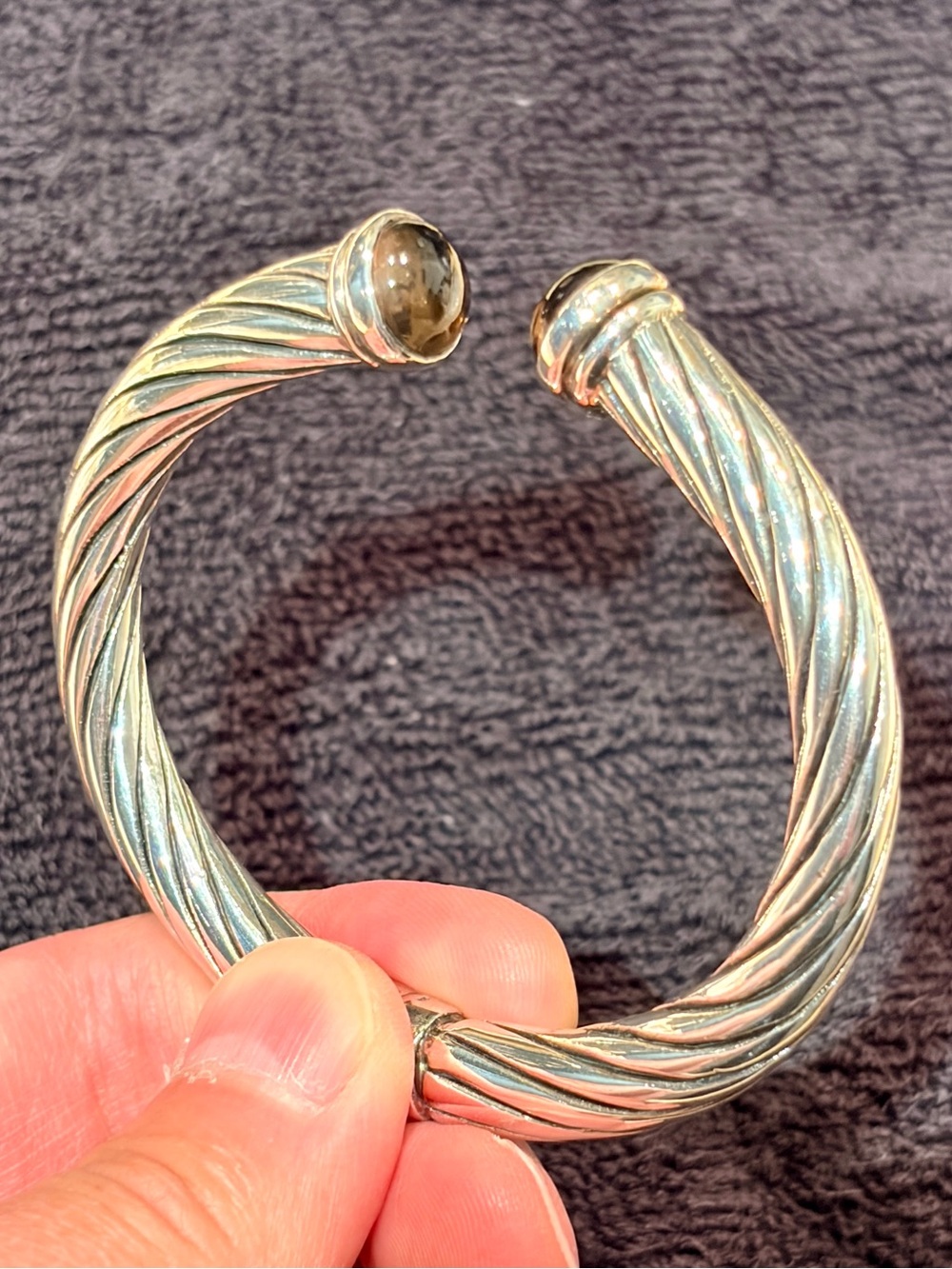 925 Silver Cable Cuff Bracelet with Smoky Quartz. - Picture 5 of 11